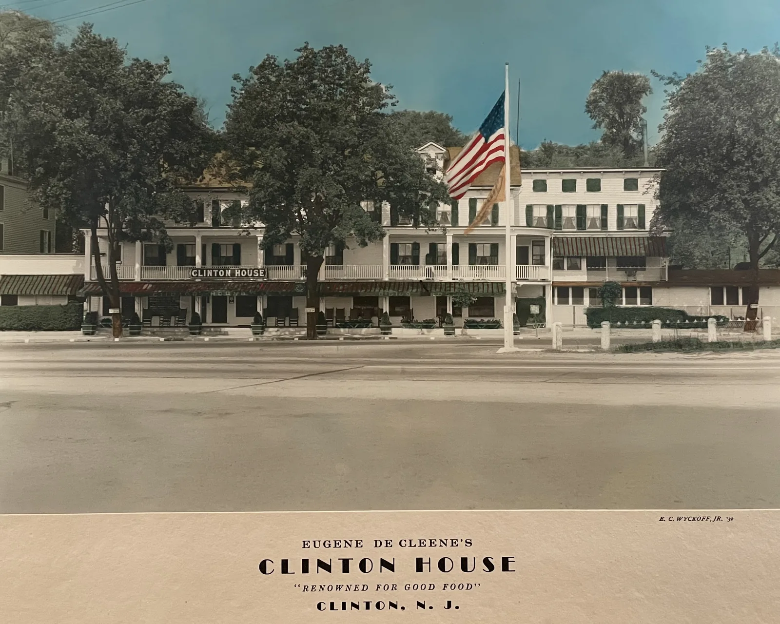 Colorized postcard reading Eugene De Cleene's Clinton House, Renowned for Good Food, Clinton, N.J.