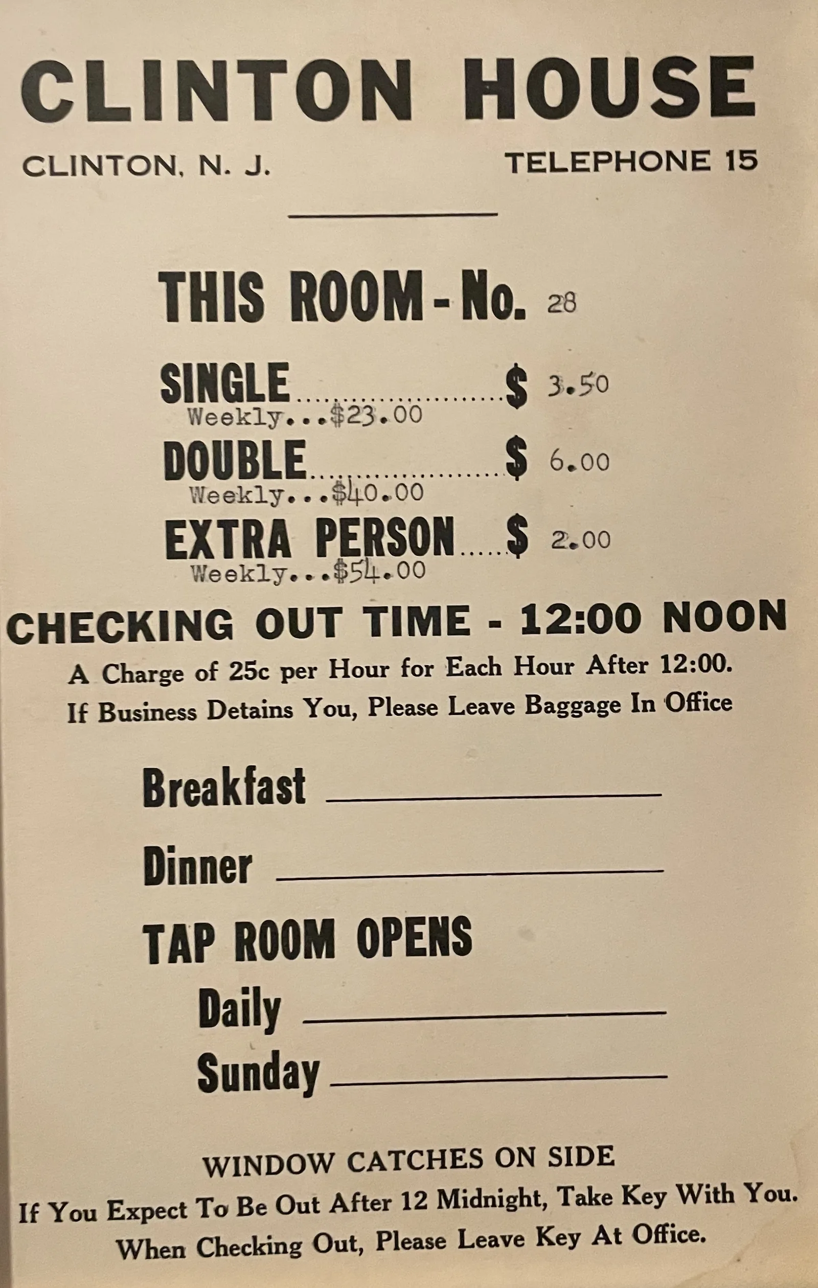 A Clinton House room card listing a single at $3.50, a double at $6.00, and telephone 15